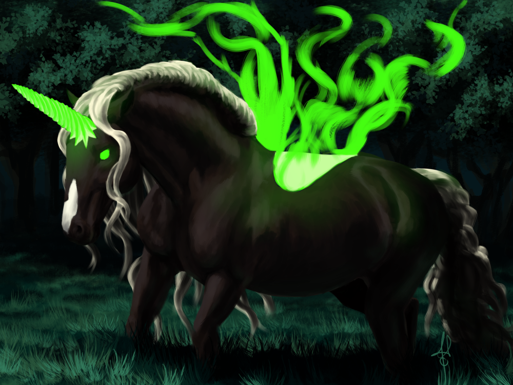 A Black Forest horse trudges through the grass of a clearing in the forest at night, highlighted in moonlight. Its coat is deep brown, and its long, wavy mane and tail are cream. Its eyes glow the same neon green as its horn and wings. There's a white snip on its muzzle, and the horn seems to emit from a seven pointed star that twists into an almost-classic unicorn horn. On its back is a half-visible heart symbol that, normally a flat white marking, emits a matching green glow of waves like the highlighted edges of smoke, creating two large wings that break out of frame.